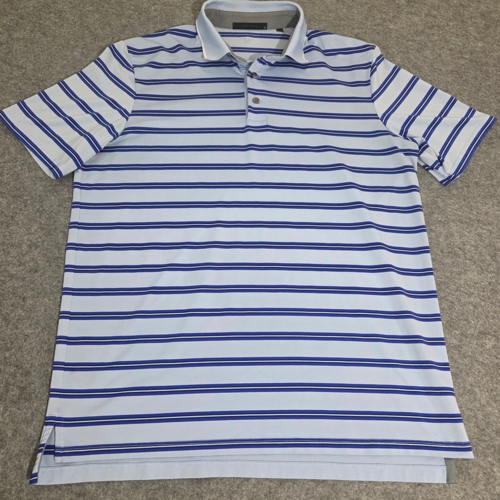 Greyson Mens M Golf Polo Blue White Stripe Performance Stretch Wolf Logo Shirt